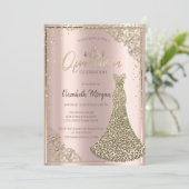 Tiara,Diamanten Jurk,Roze Goud Quinceañera Kaart (Staand voorkant)