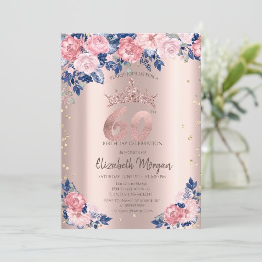 Tiara Diamonds Blauw Rozen Roos Goud 60e Verjaarda Kaart (Staand voorkant)