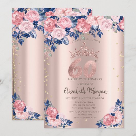 Tiara Diamonds Blauw Rozen Roos Goud 60e Verjaarda Kaart (Voorkant / Achterkant)