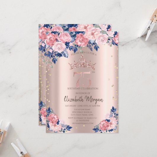 Tiara Diamonds Blauw Rozen Roos Goud 75e Verjaarda Kaart (Voorkant / Achterkant in situ)