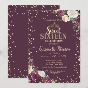 Tiara, Diamonds Burgundy Floral Sweet 16 Party Kaart