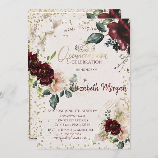 Tiara, Diamonds Burgundy Rozen Quinceañera Kaart (Voorkant / Achterkant)