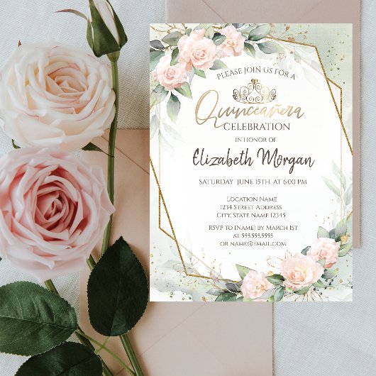 Tiara, Diamonds, Rozen Waterverf Green Quinceañera Kaart