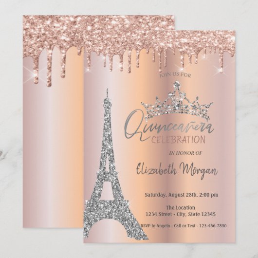 Tiara Drops Glitter Roze Goud Kaart (Voorkant / Achterkant)