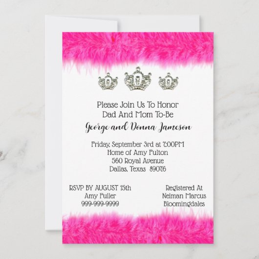 Tiara en Fluff Baby Princess Shower-uitnodiging Kaart (Voorkant)