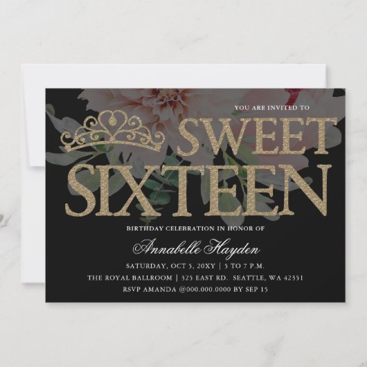Tiara Floral Black en Gold Sweet 16 Kaart (Voorkant)
