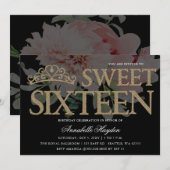 Tiara Floral Black en Gold Sweet 16 Kaart (Voorkant / Achterkant)