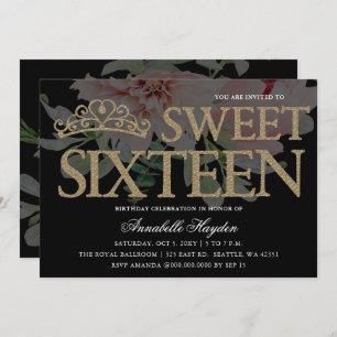 Tiara Floral Black en Gold Sweet 16 Kaart