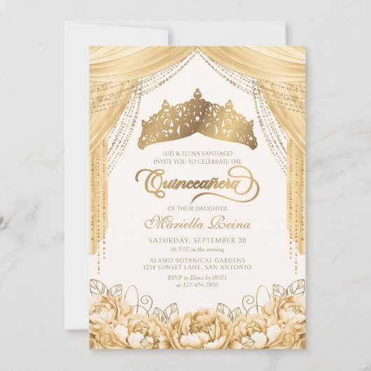Tiara Floral Goud Geel Modern Quinceanera Kaart (Voorkant)