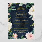 Tiara Floral Sweet 16 Pink Navy Gold Folie Uitnodiging (Voorkant)
