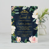 Tiara Floral Sweet 16 Pink Navy Gold Folie Uitnodiging (Staand Voorkant)