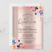 Tiara, Flowers Feather Roos Gold Quinceañera Kaart (Voorkant)