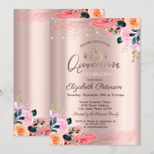 Tiara, Flowers Feather Roos Gold Quinceañera Kaart