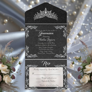 Tiara & Foil Blad Frame Quinceanera - Zwart/Zilver All In One Uitnodiging