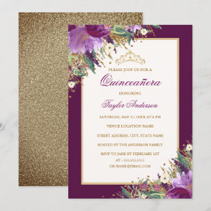 Tiara Glitter Amethyst Paarse Bloemige Quinceanera Kaart