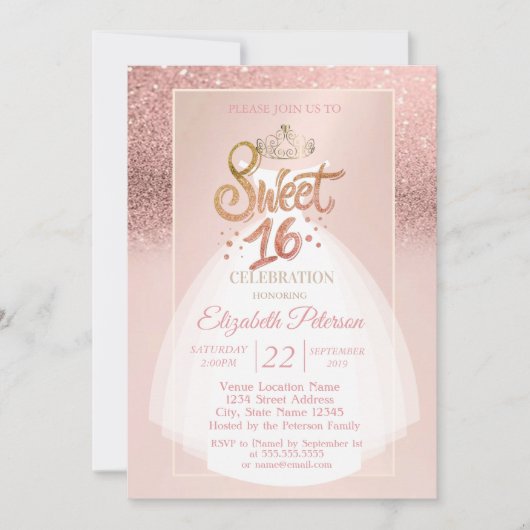 Tiara, Glitter Bokeh Ombre, Dress Sweet 16 Party Kaart (Voorkant)