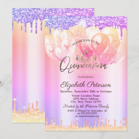 Tiara, Glitter Drops Ballonnen Ombre Quinceañera Kaart (Voorkant / Achterkant)