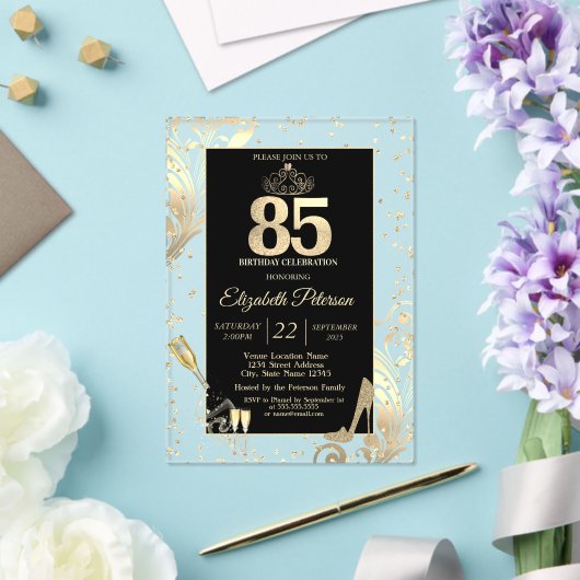 Tiara Glitter Heels Diamonds Swirls 50e verjaardag Acryl Uitnodigingen (Insitu (Huwelijk))