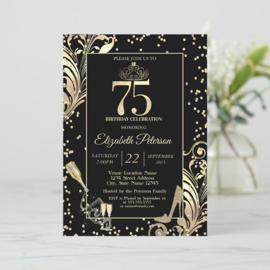 Tiara Glitter Heels Diamonds Swirls 75e verjaardag Kaart (Staand voorkant)