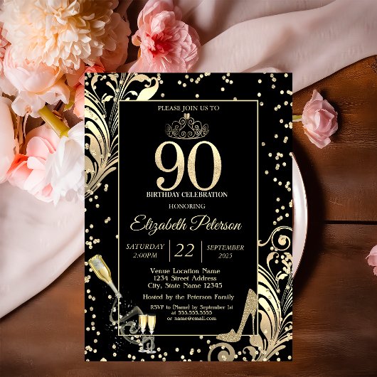 Tiara Glitter Heels Diamonds Swirls 90ste verjaard Kaart