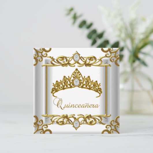 Tiara Gold White Quinceanera 15e verjaardag Kaart (Staand voorkant)