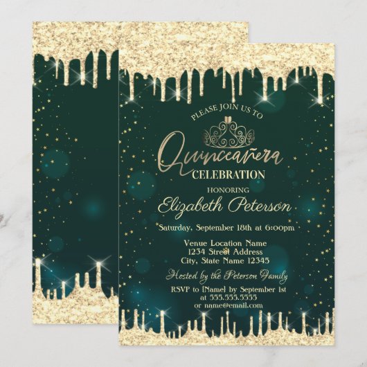 tiara, gouden glitter druppels sterren groen quinc kaart (Voorkant / Achterkant)