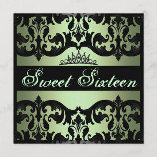 Tiara Green Sweet16 Damask Verjaardag Uitnodigen Kaart