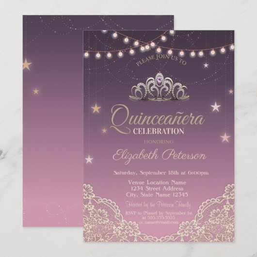 Tiara,Kerstverlichting,Kant Quinceañera Kaart (Voorkant / Achterkant)