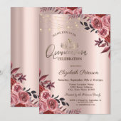 Tiara, licht chique Bourgondische Rozen Quinceañer Kaart (Voorkant / Achterkant)