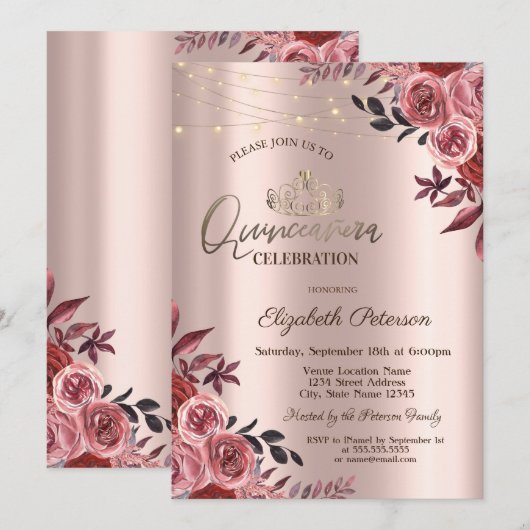 Tiara, licht chique Bourgondische Rozen Quinceañer Kaart (Voorkant / Achterkant)