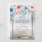 Tiara, Lijst Silver Glitter Bokeh Floral Sweet 16 Kaart (Voorkant)