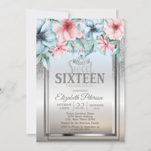 Tiara, Lijst Silver Glitter Bokeh Floral Sweet 16 Kaart (Voorkant)