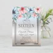 Tiara, Lijst Silver Glitter Bokeh Floral Sweet 16 Kaart (Staand voorkant)