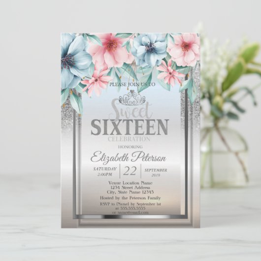 Tiara, Lijst Silver Glitter Bokeh Floral Sweet 16 Kaart (Staand voorkant)