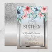 Tiara, Lijst Silver Glitter Bokeh Floral Sweet 16 Kaart (Voorkant / Achterkant)