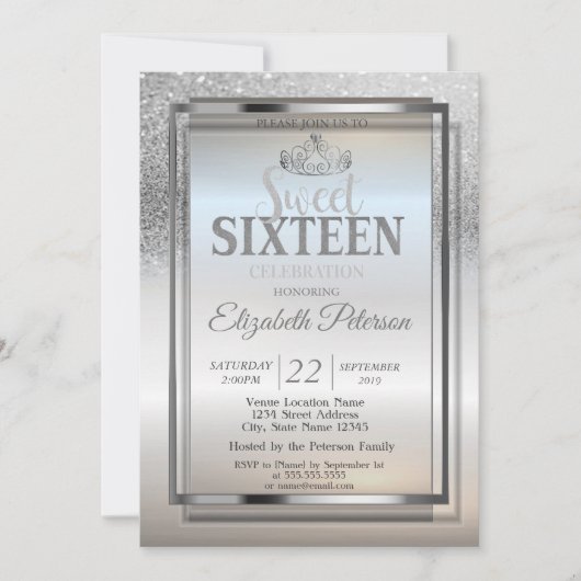Tiara, Lijst Silver Glitter Bokeh Sweet 16 Party Kaart (Voorkant)