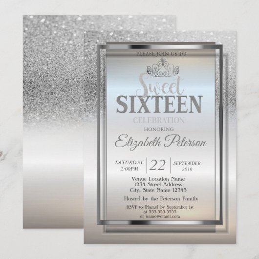 Tiara, Lijst Silver Glitter Bokeh Sweet 16 Party Kaart (Voorkant / Achterkant)
