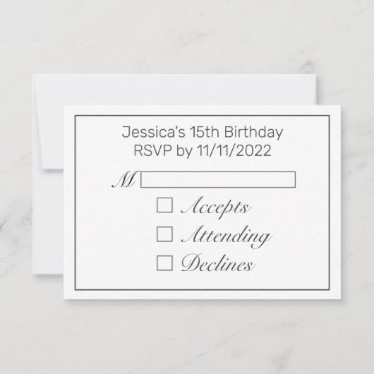 Tiara Modern Minimalistisch Wit Zwart Qinceanera RSVP Kaartje (Achterkant)