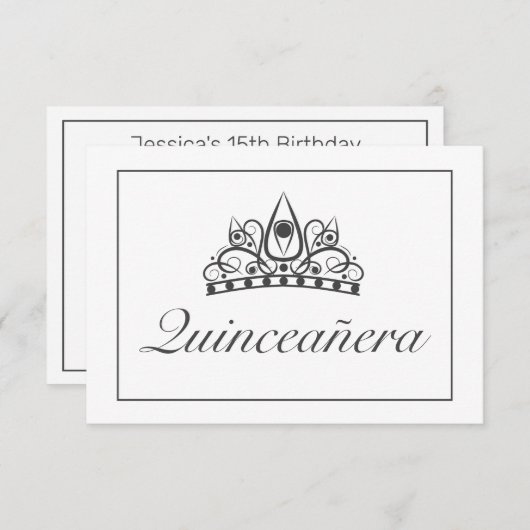 Tiara Modern Minimalistisch Wit Zwart Qinceanera RSVP Kaartje (Voorkant / Achterkant)