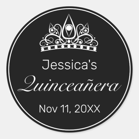 Tiara Modern Minimalistisch Wit Zwart Quinceanera Ronde Sticker (Voorkant)