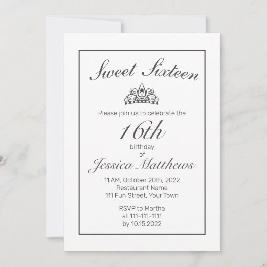 Tiara Modern Minimalistisch Wit Zwart Zoet 16 Kaart (Voorkant)