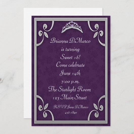 Tiara Paarse Silver Uitnodiging (Voorkant / Achterkant)