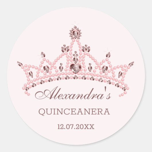 Tiara parels, edelstenen in hartvorm Quinceanera Ronde Sticker (Voorkant)