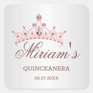 Tiara, parels, gemstone in hartvorm Quinceanera Vierkante Sticker
