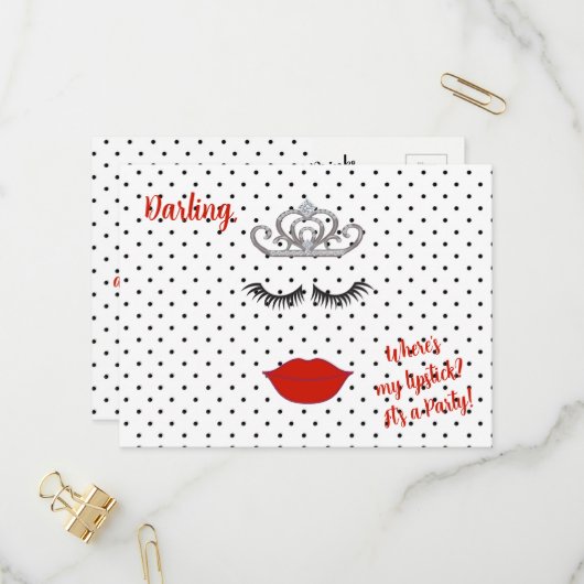 Tiara Party where is My Lipstick Polka Dot Uitnodiging Briefkaart (Voorkant / Achterkant in situ)
