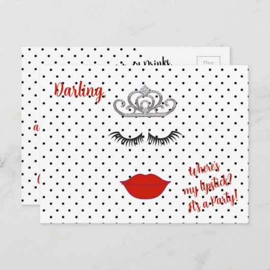 Tiara Party where is My Lipstick Polka Dot Uitnodiging Briefkaart (Voorkant / Achterkant)