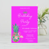 Tiara Pineapple Pink Flamingos Neon Pink Verjaarda Kaart (Staand voorkant)