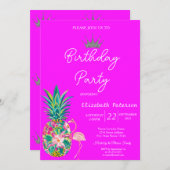 Tiara Pineapple Pink Flamingos Neon Pink Verjaarda Kaart (Voorkant / Achterkant)