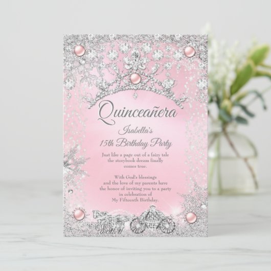 Tiara Pink Quinceanera 15th Winter Carriage Kaart (Staand voorkant)