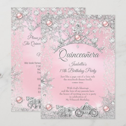 Tiara Pink Quinceanera 15th Winter Carriage Kaart (Voorkant / Achterkant)